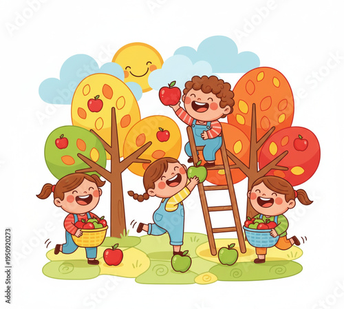 Children happily picking apples in an orchard during autumn, enjoying a sunny day with cartoonish trees and clouds
