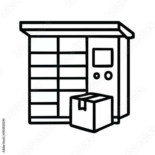 Outline icon depicting a modern automated parcel locker with a cardboard box, symbolizing efficient self-service package retrieval and delivery solutions for e-commerce