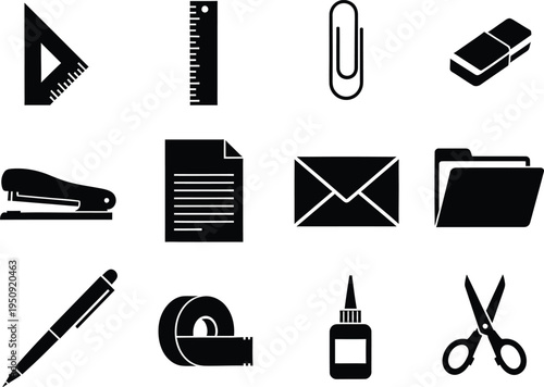 A collection of twelve black and white icons representing various common office and school supplies