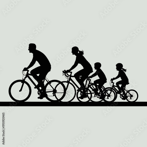 Family riding bicycles in line.