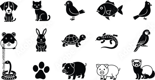 A collection of fifteen diverse pet animal icons displayed in a clean black and white line format