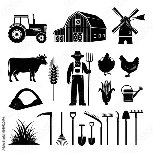 Farm tools and agricultural equipment icons.