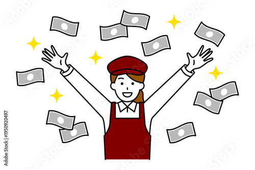 舞うお札とバンザイで喜ぶカフェの女性店員