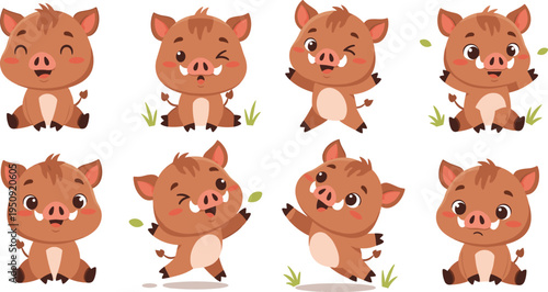 Cute wild boar cartoon character collection with different emotions and poses, adorable forest animal vector illustration set