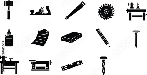 A collection of black silhouette icons representing various carpentry and woodworking hand tools