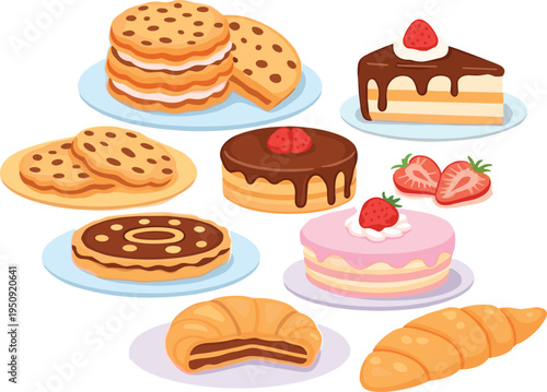 Sweet bakery dessert collection with chocolate cake strawberry cake cookies croissant pancake and pastry treats vector illustration set