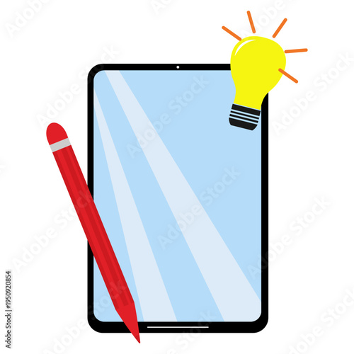 Tablet with light bulb and red stylus pen, drawing (1)