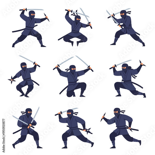 Ninja warriors in various combat poses.