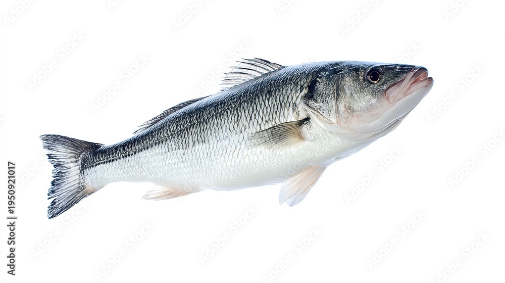 Fototapeta premium Overhead close-up of fresh sea bass on white background, scales visible under studio lighting, professional product photography for recipes and seafood ads