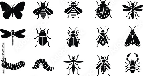 A collection of fifteen detailed black silhouette icons representing various insects and arthropods