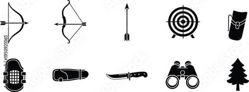 A collection of ten black and white silhouette icons representing various outdoor camping supplies