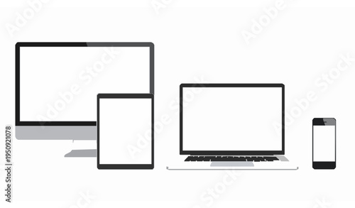 Technology devices screen template vector set with computer laptop tablet and phone mockups