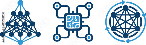 Set of three blue artificial intelligence neural network icons representing machine learning data processing connectivity and advanced computing technology solutions