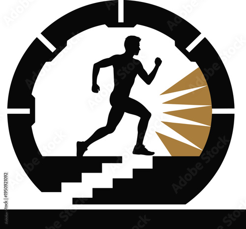 Athlete running up stairs inside circular frame symbolizing progress speed fitness training success motivation sport vector illustration design