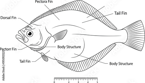 Flounder fish anatomy diagram with labeled fins and body structure, scientific marine biology line art vector illustration