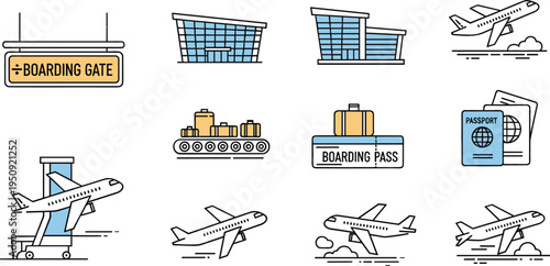 Airport Travel and Aviation Icon Set with Boarding Gate, Airplane Takeoff Landing, Boarding Pass, Passport and Terminal Building Vector Illustration
