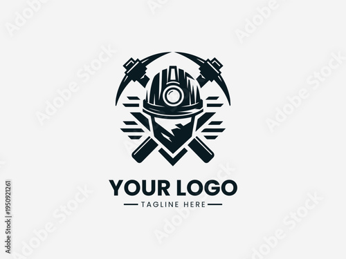 Black mining logo with a hard hat and crossed pickaxes on a white background for industrial branding.