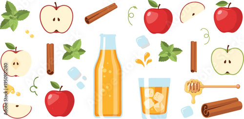 Apple cider drink ingredients set with fresh apples cinnamon mint honey ice cubes bottle and glass vector illustration