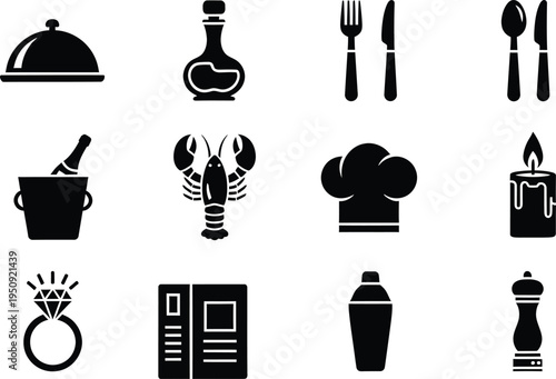 A collection of black icons representing various dining, restaurant, and luxury lifestyle themes