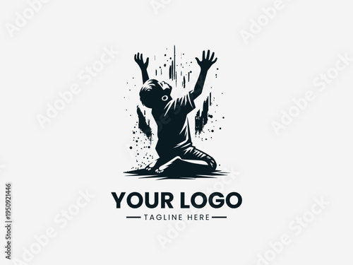 Kneeling child raising arms in hope black vector logo illustration isolated on white background