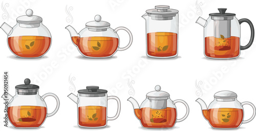 Glass Teapot and Tea Brewing Pot Collection with Hot Herbal Drink, Transparent Kettle Designs and Steaming Beverage Vector Illustration Set