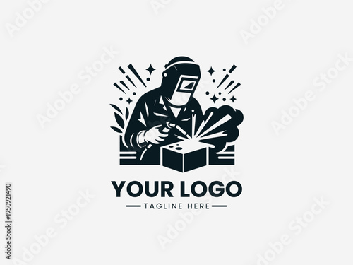 Black and white logo design featuring a welder working on a box with sparks against a clean white background.