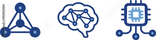 Set of blue artificial intelligence icons featuring neural networks human brain connections and digital microchip processor symbols for modern tech concepts