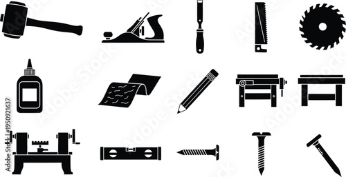 A collection of black silhouette icons representing various essential woodworking and manual tools