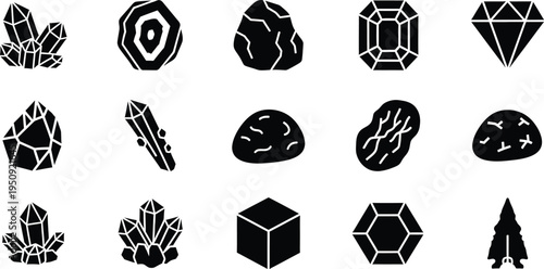 A collection of fifteen black and white icons representing various types of gemstones and minerals
