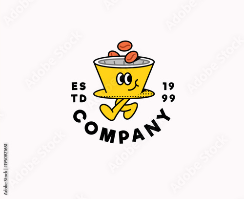 Coffee cup mascot with legs and coffee beans in a vintage badge style layout. playful cartoon logo illustration perfect for cafe branding, coffee shop identity, and retro business design