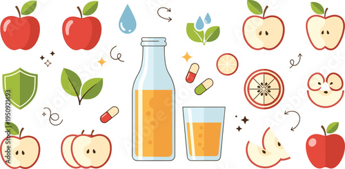 Apple juice health concept set with fresh apples slices leaves vitamins and natural drink benefits vector illustration