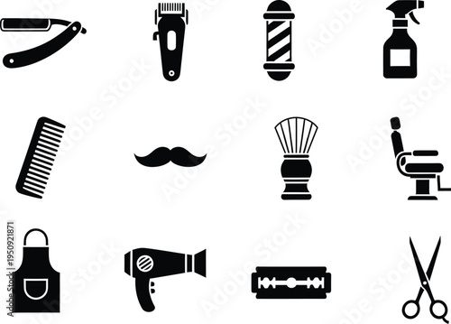 A collection of twelve professional black barber shop tools and essential hair grooming equipment