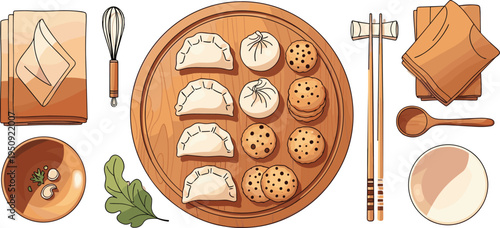 Asian dumplings and dim sum set with bamboo steamer chopsticks napkins bowl and traditional cuisine elements vector illustration