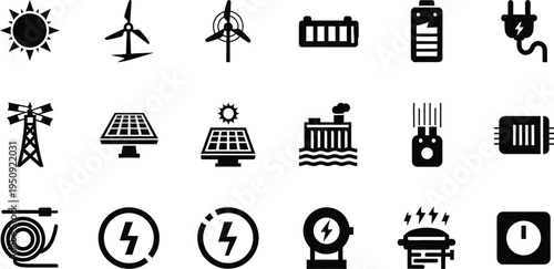 A collection of black icons representing renewable energy and electrical power generation concepts