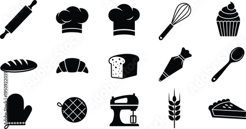 A collection of fifteen black and white vector icons representing various baking and kitchen tools