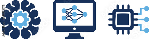 Set of three modern blue icons representing artificial intelligence featuring a brain with gear computer neural network and electronic microchip processor hardware