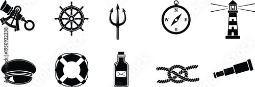 A collection of ten detailed black and white nautical icons representing maritime travel and history