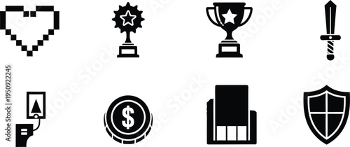 A collection of black icons representing various gaming elements like health, trophies and weapons