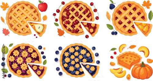 Assorted fruit pies collection with apple cherry blueberry peach and pumpkin lattice crust desserts bakery vector illustration set