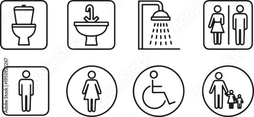 Collection of bathroom symbols and icons representing various facilities and users Vector