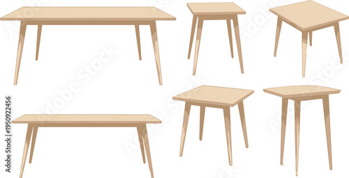 Minimalist Wooden Table and Stool Furniture Collection with Scandinavian Style Legs, Modern Interior Design Elements and Simple Home Decor Vector Set
