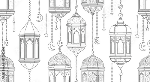 Elegant Ramadan Lantern Pattern Background with Hanging Islamic Fanous Lamps, Crescent Moons and Stars Decorative Line Art for Eid Mubarak Festive Vector Design