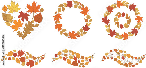 Autumn fall leaves wreaths and decorative borders set with maple oak foliage seasonal botanical vector illustration collection