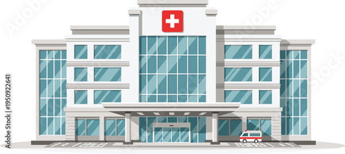 Modern Hospital Building with Emergency Entrance, Medical Center Architecture and Healthcare Facility Exterior Vector Illustration