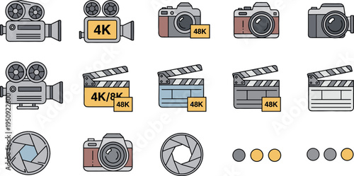 Photography and Videography Equipment Icon Set with Camera, Film Clapperboard, Aperture Shutter, 4K 8K Video Camera and Cinematography Production Symbols Vector Illustration