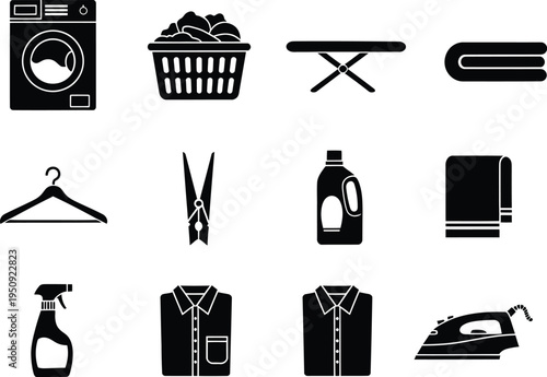 A collection of black icons representing household laundry and clothing maintenance chores tasks