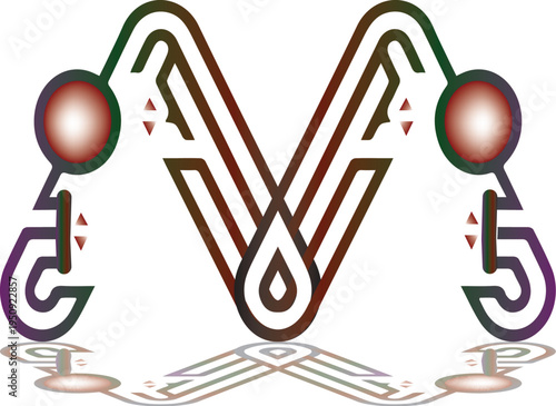 Stylized letter m in metallic gradient colors with unique symmetrical sides and reflective base, modern monogram concept, letter m, design element, abstract letter