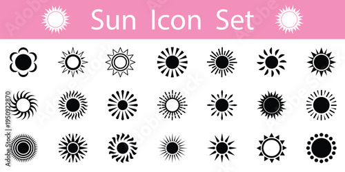 Set of 21 unique sun icons with various styles and ray patterns. sunset collection, summer, sunlight stock vector. eps 10