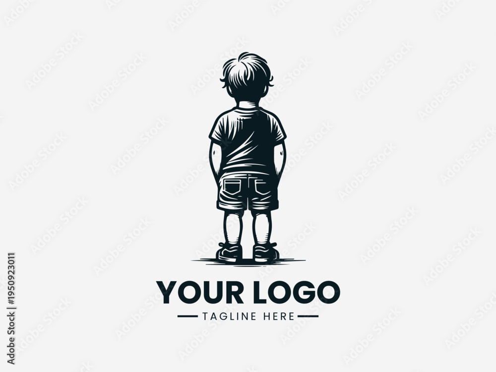 Obraz premium A black and white illustration of a young boy standing with his back to the viewer on a plain background with a logo template.