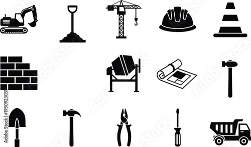 A collection of black and white construction icons representing various tools and heavy equipment